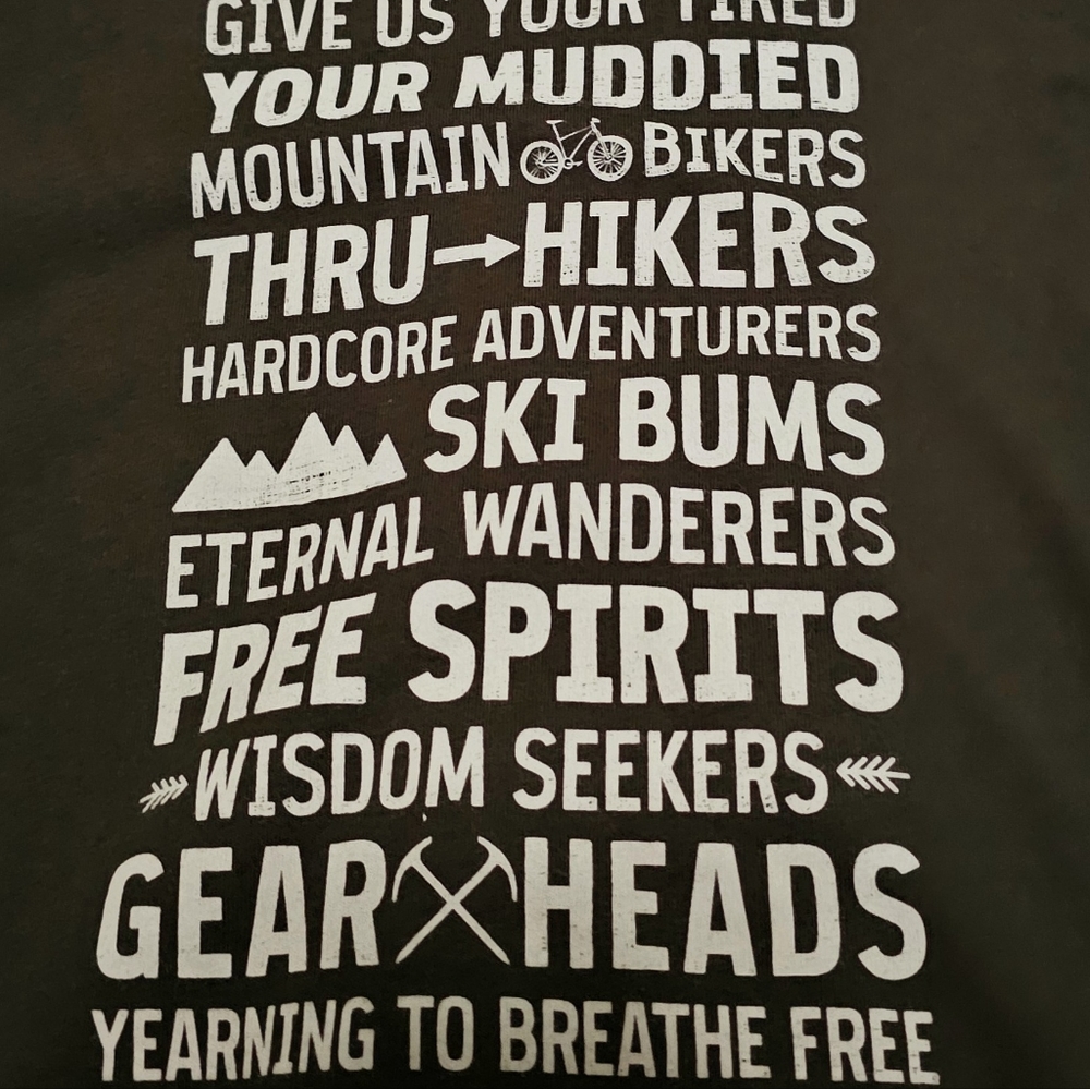 Men's REI T-shirt, olive green, size large, NWT, "Give Us Your Tired..." graphic
